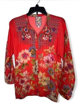 Johnny Was Red Floral Embroidered Button-Up Blouse Size Small Romantic Boho